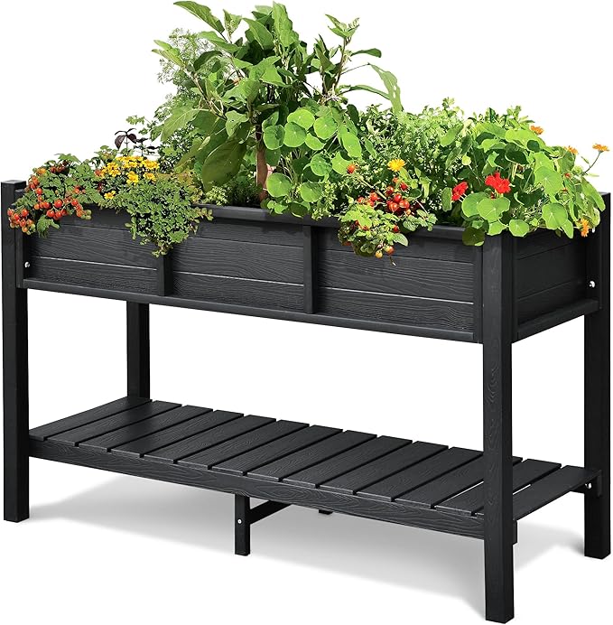DWVO 48x18x30in Raised Garden Bed Kit, HDPE Planter Box Stand, Poly Wood Weather-Resistant Planter Box with Legs & Storage Shelf, Elevated Garden Bed for Backyard, Patio, Balcony,Black