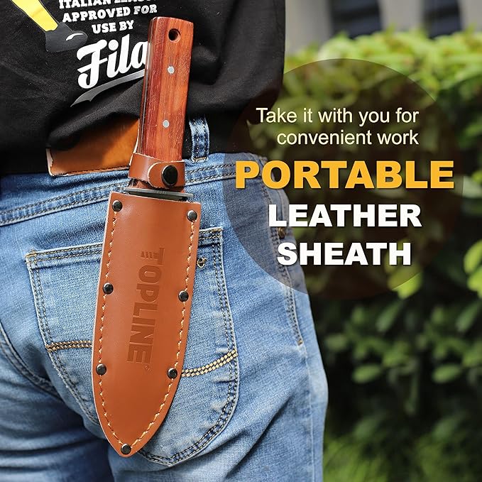Topline Hori Hori Garden Knife, Double-edge Stainless Steel Blade, Garden Knife with Leather Sheath for Digging, Weeding, Planting, Sharpener, Sharpening Stone Included