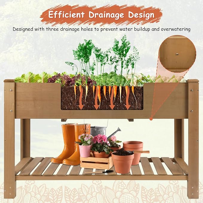 PetsCosset Raised Garden Bed Wooden Elevated Planter Box with Legs, Protective Liner Reinforced for Vegetables Herbs Flowers for Outdoor Patio Backyard Balcony Gardening (46.65“ L with Shelf)