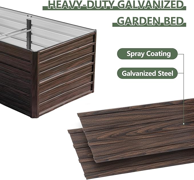 Galvanized Raised Garden Beds 6x3x2FT Outdoor Planter Boxes with Safety Edging and Gloves Metal Garden Bed Kit for Vegetables Flower and Fruits (Brown Wood Grain