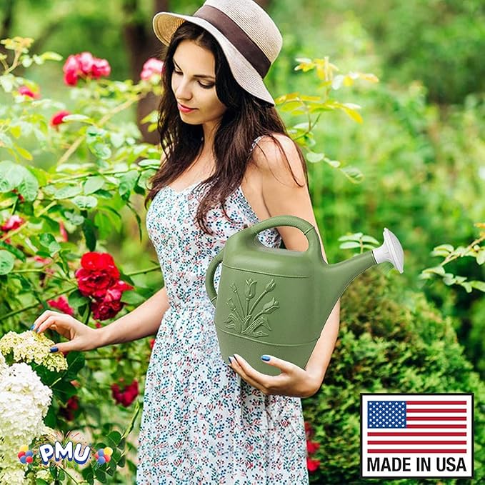 PMU 2 Gallon Watering Can - Garden Watering Can for Indoor & Outdoor Plants - Plastic Water Can with Detachable Sprinkler Head - Large Water Pot, Made in USA - Sage Green Pkg/12