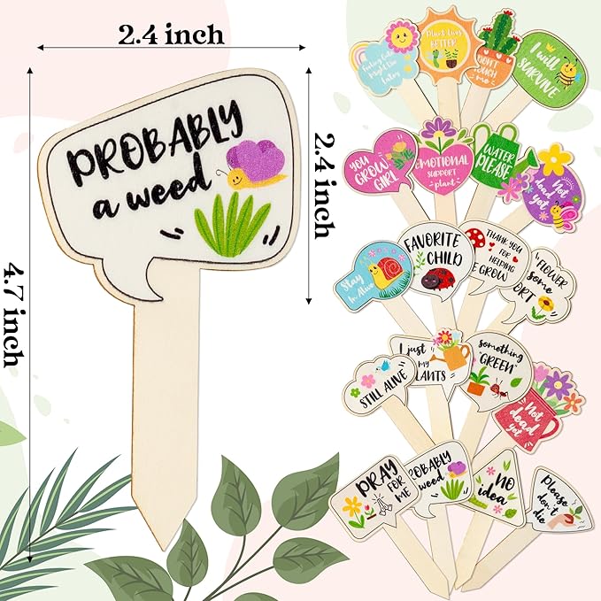 WATINC 20pcs Funny Wooden Plant Markers, Plant Sticks Labels Tags Name Stakes, Spring Wood Garden Signs for Flower Greenery Succulent Potted, Indoor Outdoor Plant Marker Gardening Gift for Plant Lover