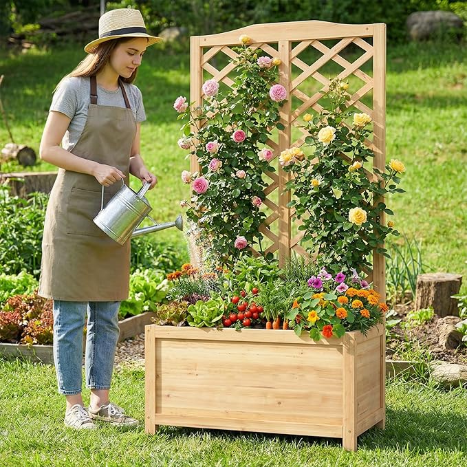 DoCred Raised Garden Bed with Trellis, 30" L x 16" W x 59" H Elevated Freestanding Planter Box for Climbing Plants, Outdoor Wooden Privacy Screen with Garden Box for Backyard Patio Balcony Decor