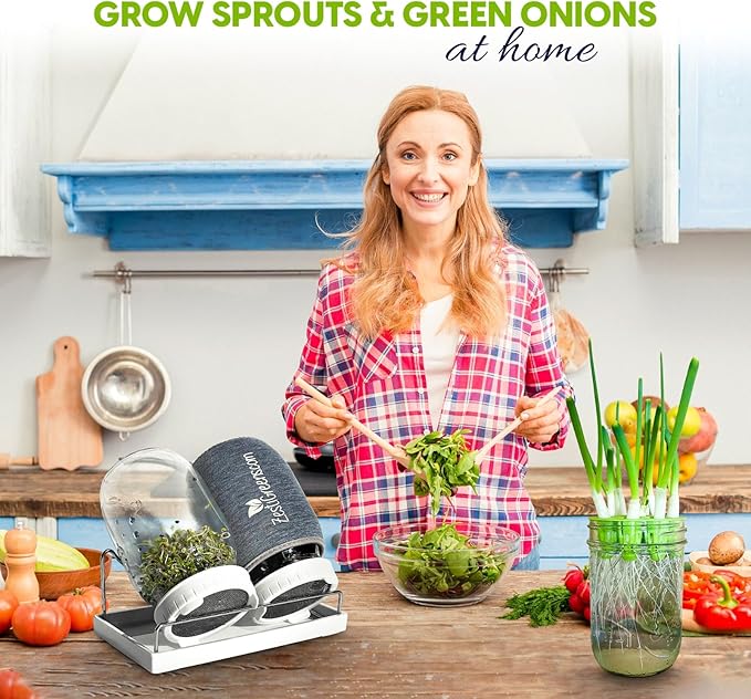 Premium Seed Sprouting Kit & Green Onion Regrower – 2 Wide-Mouth Mason Jars with Sprout Lids, Stainless Stand, Drain Tray, Blackout Sleeves & Cleaning Brush for Broccoli, Alfalfa & Mung Beans