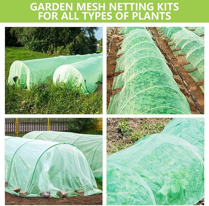 Garden Mesh Netting Kit, 10x30FT Green Ultra Fine Mesh Netting ＆6 Sets of 8FT Fiberglass Garden Hoops for Raised Beds, Insect Netting Row Cover Net Protect Plants Vegetable Fruits Flowers