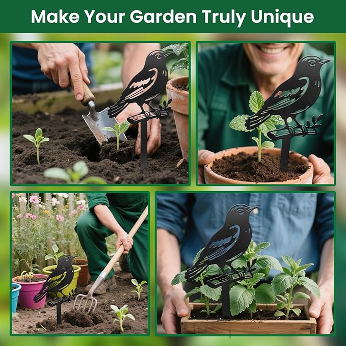 CUTHOLLOW Metal Plant Marker Stake Bird and Branch for Outdoor Indoor, Waterproof 11.8 inch Cute Garden Plant Labels Sign Tag for Herb, Farmhouse Greenhouse Decor - Funny Gardening Gifts