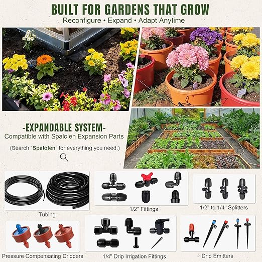Drip Irrigation System Push-to-Connect Garden Watering System Kit for Raised Beds, Expandable DIY Drip Irrigation Kit with 1/2" & 1/4" Tubing, Adjustable Emitters, Leak-Proof Connectors