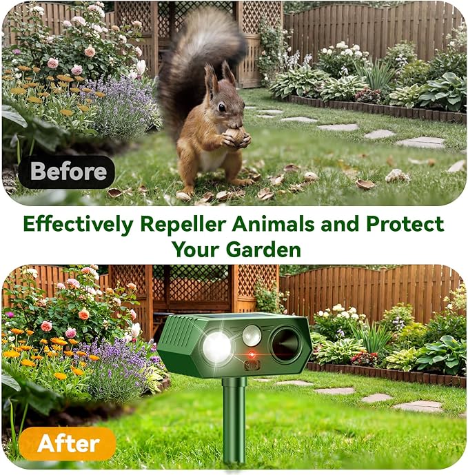 2026 Upgraded Solar Ultrasonic Animal Repellent Outdoor Deer Cat Repellent with Motion Sensor Flash Light,IP65 Waterproof Repeller Keep Rodent Squirrel Raccoon Opossum Skunk Out of Yard Farm -2 Pack