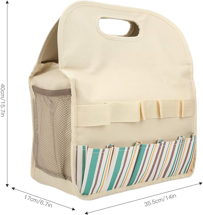 Large Capacity Multifunctional Garden Tool Bag with PE Board 600D Oxford Camping Storage Organizer 10 Pockets Beige Stripe