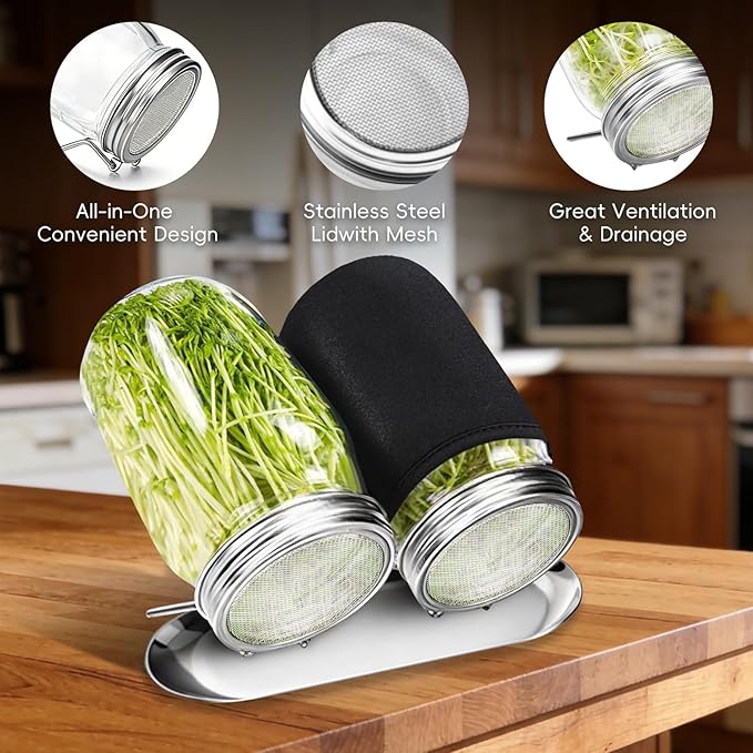 2Pack Sprouting Kit with Stainless Steel Screen Sprouting Lids, Glass Mason Jars, Light-Blocking Sleeves and Brush, Premium Reusable Sprouts Growing Kit for Organic Broccoli Alfalfa Seeds Bean Sprouts