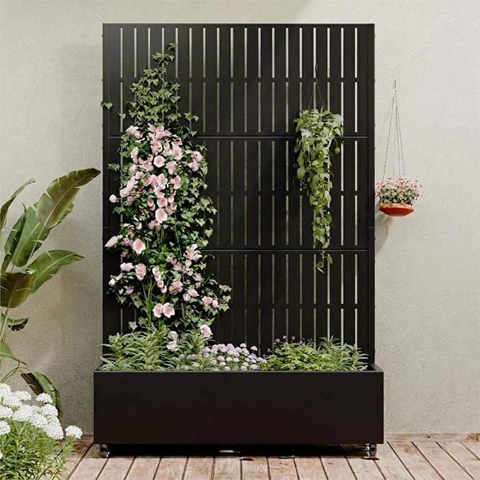 Casaphoria Metal Raised Garden Bed with Trellis and Wheels, 72"x47"x16" Planter Box for Climbing Plants, Vegetables & Vines, Features Drainage Holes and Privacy Screen (Black)