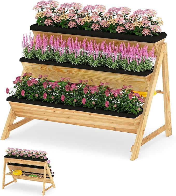 3-Tier Raised Garden Bed, Vertical Garden Planter w/Storage Shelf, Bed Liner & 2 Side Hooks, Wood Elevated Planter Box Outdoor for Plants Vegetables Flowers Herbs,Natural (46" x 29" x 31.5")