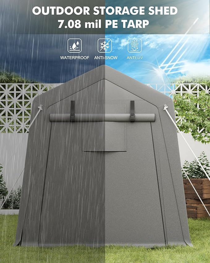 GarveeLife 7 x 10 ft Carport Storage Shed, Portable Garage with Roll-up Zipper Door, Heavy Duty Waterproof Tarp, Storage for Motorcycle, Bike, Firewood, Garden Tools