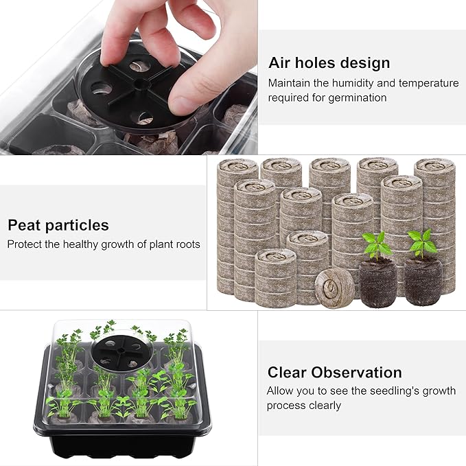 6 Pack 12-Cells Seed Starter Tray Kit with Humidity Dome and Base, Germination Tray Including Peat Pellets, Plant Labels, Tool, Plastic Plant Seedling Starter Trays for Indoor Outdoor, Black