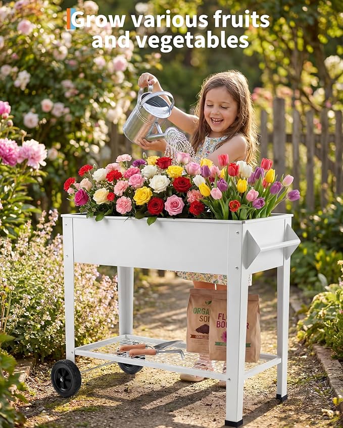 Garvee Elevate 39" Raised Garden Bed with Wheels & Storage Shelf, 400 Lbs Capacity, Anti-Rust Steel Planter Box for Vegetables & Herbs, Patio/Balcony/Backyard