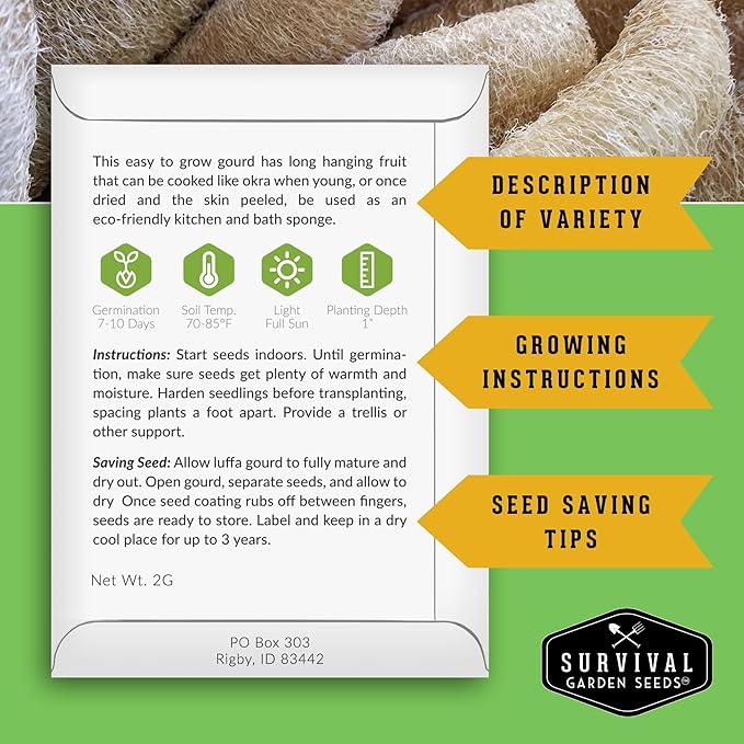 Survival Garden Seeds - Luffa or Loofah Seed for Planting - 3 Packets with Instructions to Plant and Grow Ornamental Gourds in Your Home Vegetable Garden - Non-GMO Heirloom Variety