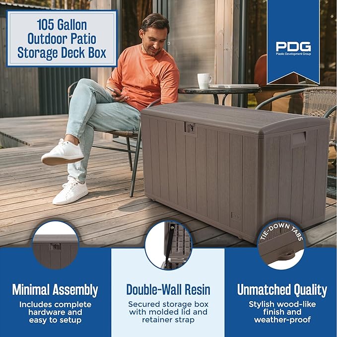 Plastic Development Group Outdoor Storage Deck Box, Standard Close, 105 Gallon, Driftwood