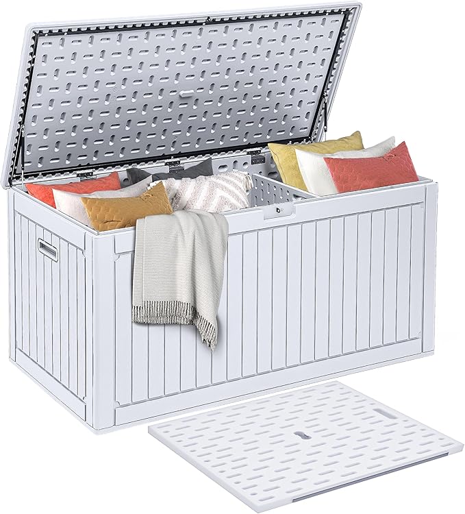 DWVO 260 Gallon Double-Wall Deck Box with Divider, XXL Extra Large Resin Outdoor Storage Box, Lockable & Waterproof, Double as Seating, 1000lbs Capacity (Grayish-White)