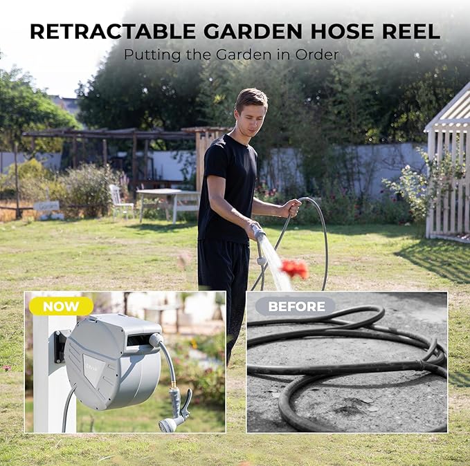 Retractable Garden Hose Reel,1/2 in x 100ft Wall Mounted Hose Reel, Optional Position Lock，Slow-Retract System，Wall Mounted，180°Swivel Bracket，Light Grey