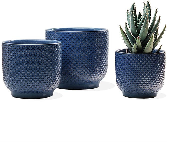 4 + 5 + 6 Inch Ceramic Pots for Indoor Plants, Succulents Plant Pots, Orchid Flower Pot with Drainage Hole, Modern Clay Stoneware Planters, Set of 3 (Dusty Blue, 4+5+6 Inch)