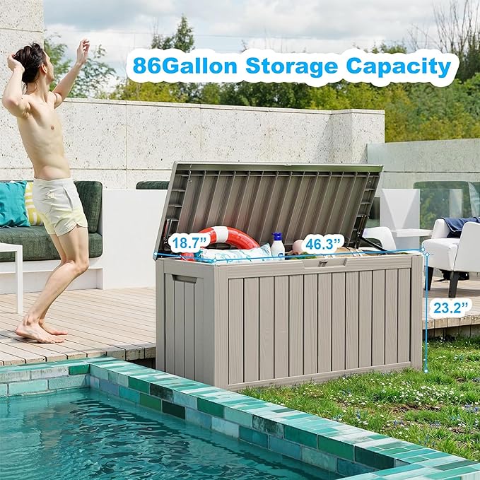 Vixzen 80 Gallon Resin Deck Box, Lockable Outdoor Storage Box for Patio Cushions Storage Furniture,Garden Tools, Pool Supplies, Weatherproof and UV Resistant（Grey，80 Gallon）