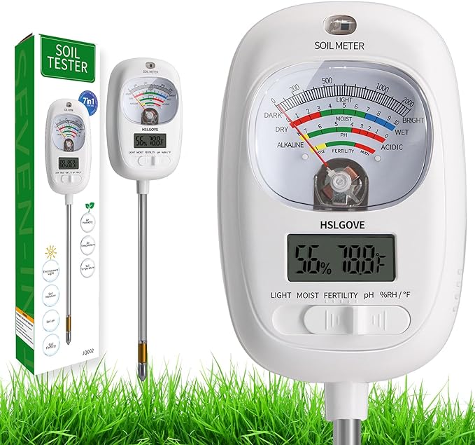 HSLGOVE Soil Test Kit, 7-in-One Soil Moisture Meter/Soil PH Meter/Fertility, Dual Screen Soil Tester w/Digital Soil Temp/Air Temp&Humidity for Plants Gardening,Lawn,Farm Indoor&Outdoor-Snow White