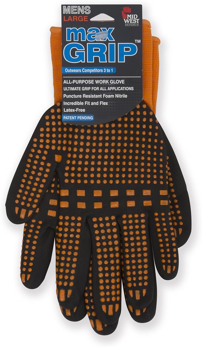 Midwest Gloves & Gear 94-L-L-AZ-12 Mens MAX Grip, Single Pair, Orange