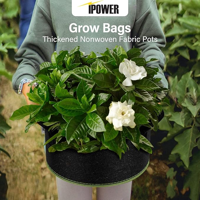 iPower 15-Gallon 5-Pack Grow Bag Thickened Nonwoven Fabric Pots Heavy Duty Aeration Container with Strap Handles for Garden and Planting Vegetable Flowers, Black with Green Stitch Sewing