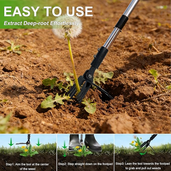 Weed Puller Tool Stand Up Hand Weeder Tool with Adjustable Long Handle, Weed Remover with Steel Head, Remove Weeds Root Easily without Bending, Pulling or Kneeling for Lawn Yard Garden(6 CLAWS)