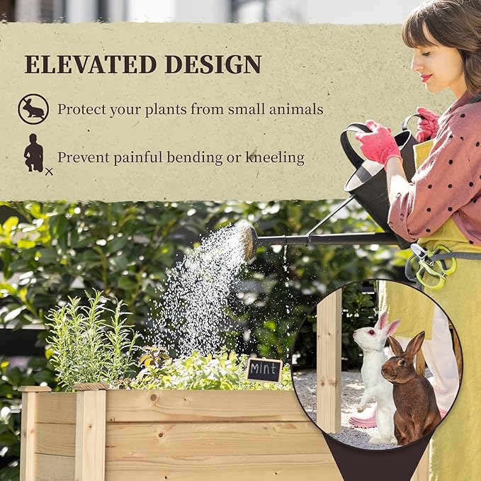 Outsunny Raised Garden Bed with Legs, 34" x 18" x 30", Elevated Wooden Planter Box, Self-Draining with Bed Liner for Vegetables, Herbs, and Flowers Backyard, Patio, Balcony Use, Natural