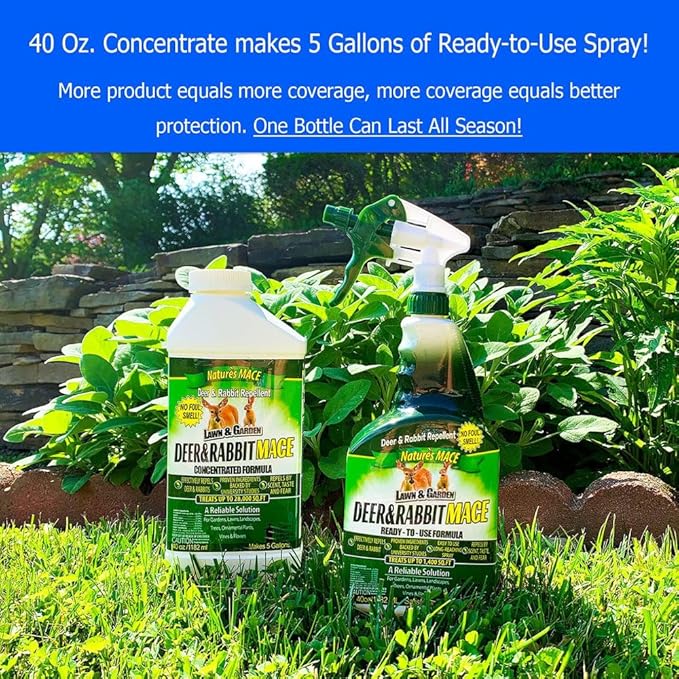 Nature’s MACE Deer and Rabbit Mace, Deer Repellent for Plants, Lawns, Flowers, Gardens, Deer Repellent Spray, Keep Deer Out, Deterrent, All-Season Protection, 5 Gallon Concentrate, Treats 10 Acres