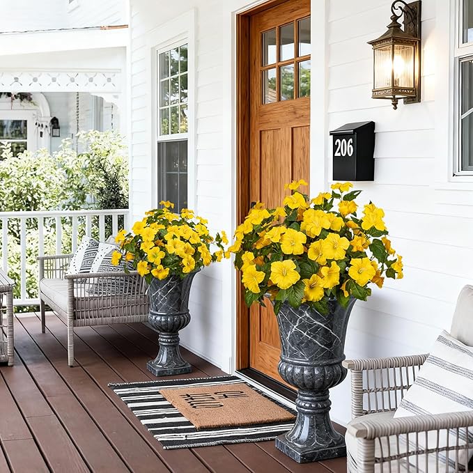 19 Inch Artificial Fake Flowers for Outdoor,4 Pcs Yellow Faux Silk Petunias Spring Flowers for Outside for Indoor Porch Planter Front Door Garden Patio Window Box Home Decor