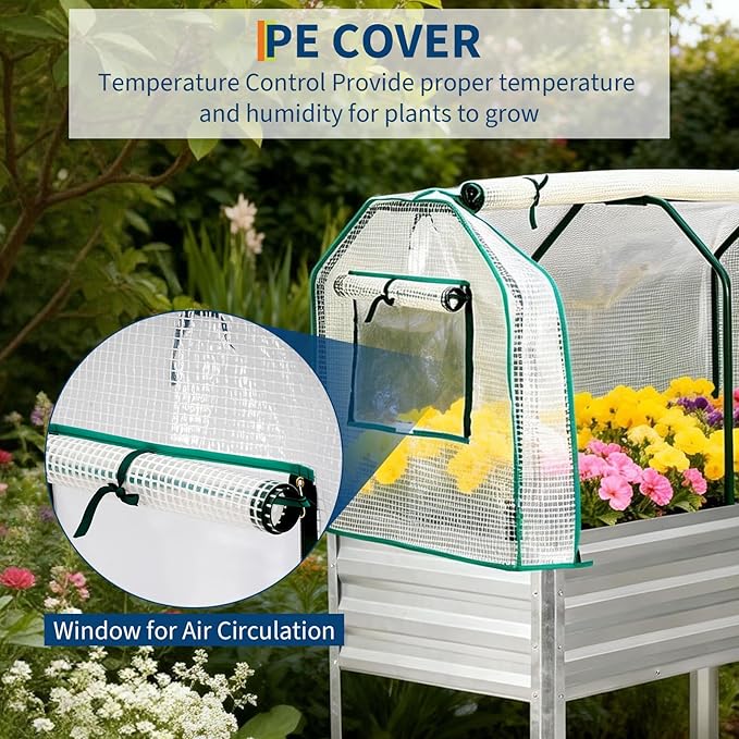 GarveeLife Raised Garden Bed with Legs, Galvanized Metal Elevated Garden Bed with Cover & Built-in Spray Tube, Raised Planter Box for Backyard, Patio, Balcony, 48x24x55 in, Silver