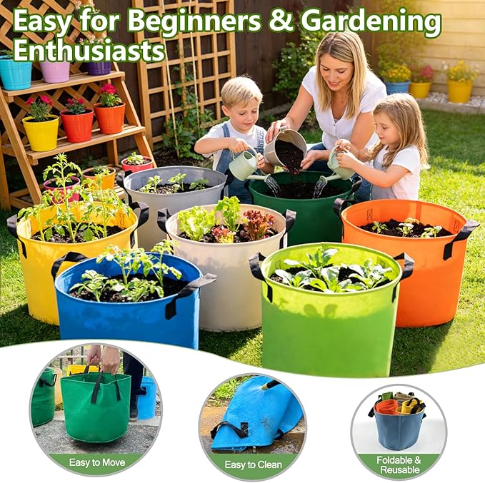 Grow Bags, 7 Pack Colorful 5 Gallon Grow Bags, Reusable Fabric Grow Bags, Foldable & Washable for Vegetables, Tomato Pots, Garden & Outdoor Growing