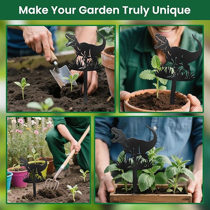 CUTHOLLOW Metal Plant Marker Stake Dinosaur for Outdoor Indoor, Waterproof 11.8 inch Cute Garden Plant Labels Sign Tag for Herb, Farmhouse Greenhouse Decor - Funny Gardening Gifts