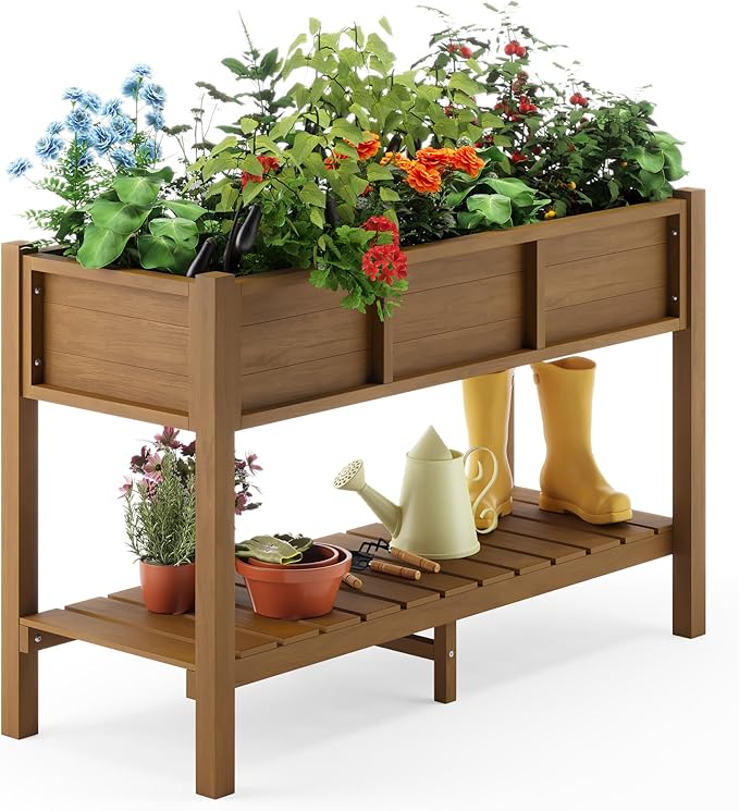 LUE BONA Raised Planter Box with Legs, 45 * 18 * 29 in, Raised Garden Bed with Tools and Storage Shelf, Weather Resistant, 3-Year Warranty, Standing Growing Bed Herb Planter for Vegetable, Brown