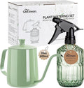 Watering Can for Indoor Plants, 20 oz Metal Small Plant Watering Can with Long Spout for House Plants, 13.5 oz Glass Plant Mister Spray Bottle for Bonsai Garden Flowers Decorative (Green)
