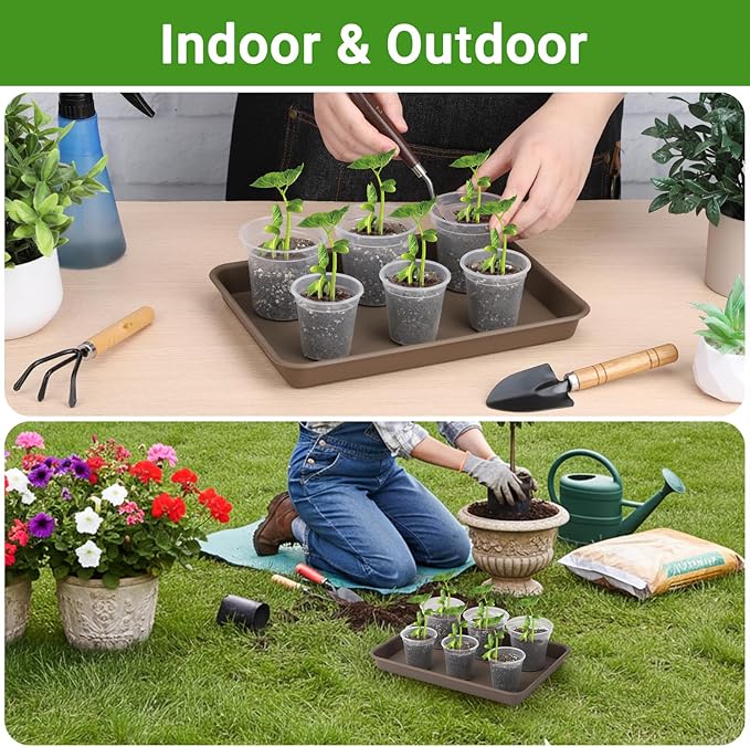 GREANER Brown Plant Saucers for Indoors, 11 Inch Heavy Duty Seedling Starter Trays No Holes, Pebble Tray for Plant Humidity(Set of 3)