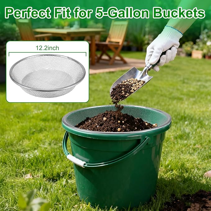 3PACK Soil Sifter for Gardening - Rock Sand Dirt Compost Sifter Fits 5-Gallon Buckets 1/4 Inch, 1/8 Inch, 3/8 Inch Mesh Sieve for Gravel, Dirt, Sawdust with Repotting Mat