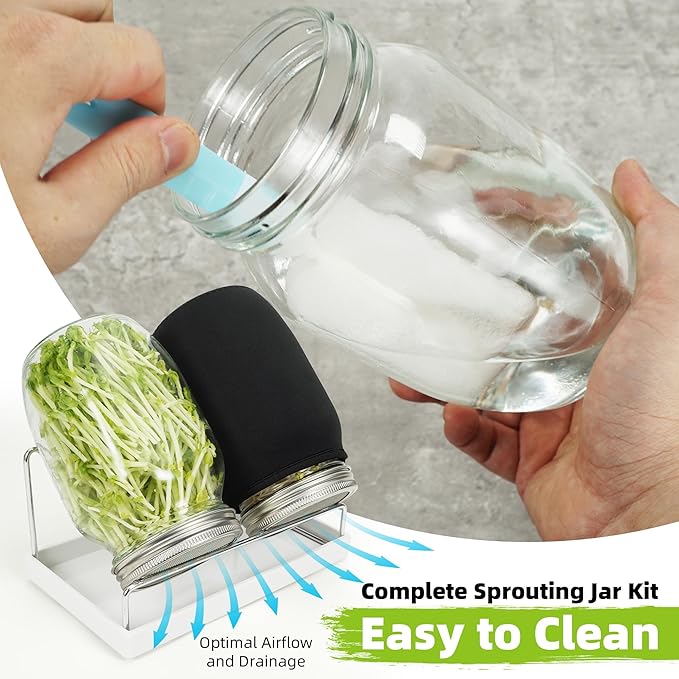 Sprouting Jar Kit Seed Sprouter Set for Growing Broccoli, Alfalfa, Mung Bea, Premium Stainless Steel Screen Sprout Lids, 2 Wide Mouth Mason Jars, Blackout Sleeves, Tray, Stand and Canning Brush