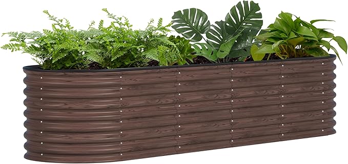 VEIKOU 8ftx2ftx2ft Raised Garden Bed Outdoor for Vegetables, 9-in-1 Galvanized Metal Planter Box with 2 Aluminum Support Bars, 23.1''H Modular Garden Bed Kit Oval for Herbs and Flowers, Rustic Brown