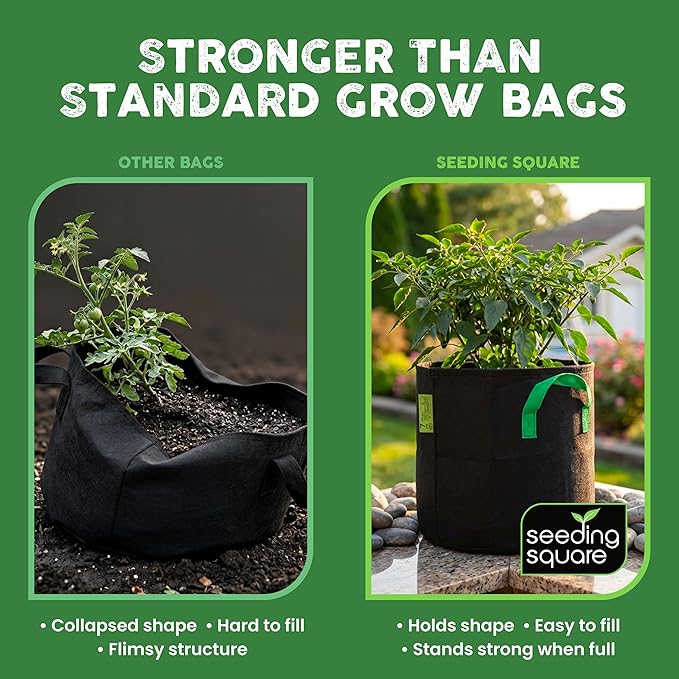 Seeding Square Fabric Grow Bags (5 Gallon) – Durable, Reusable Air-Pruning Plant Pots for Vegetables, Fruits & Herbs – Eco-Friendly Breathable Planter Bags for Healthy Roots & Bigger Harvests