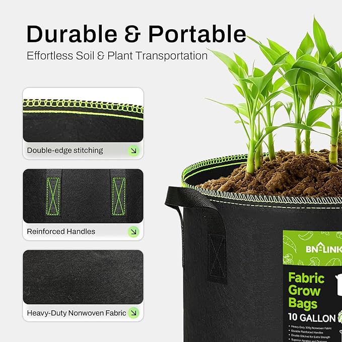 BN-LINK 10-Pack 5 Gallon Grow Bags, Heavy Duty Aeration Fabric Pots with Handles, Thickened Nonwoven Plant Bags for Vegetables, Flowers, Fruits