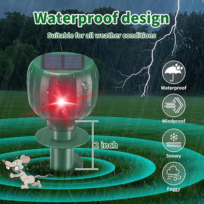 Mole Repellent Solar Powered, Waterproof Sonic Spikes Gopher Vole Groundhog Snake Chipmunk Mole Deterrent for Lawn & Garden 4 Pack