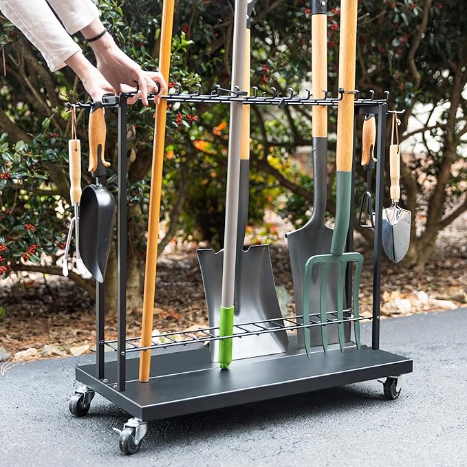 Shovel Shuttle Mobile Tool Storage, Garden Cart on Wheels, Freestanding Garden Organizer, Holds Rakes, Power Tools, Rolling Yard Tool Organizer