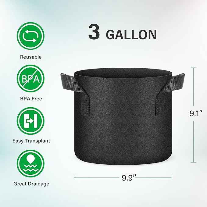 YSSOA 5-Pack 3 Gallon Grow Bags, Aeration Nonwoven Fabric Plant Pots with Handles, Heavy Duty Gardening Planter for Potato, Tomato, Vegetable and Fruits, Black 2024 Version