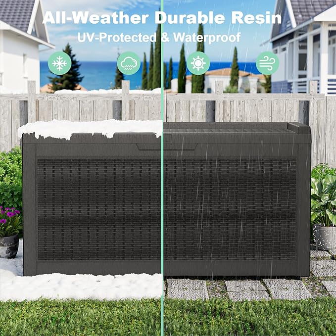 DRATO 70 Gallon Deck Boxes Outdoor Waterproof, Resin Large lockable Storage Box for Patio Furniture Side Table, Waterproof Storage Containers for Pool and Garden Accessories (70 Gallon, Black)
