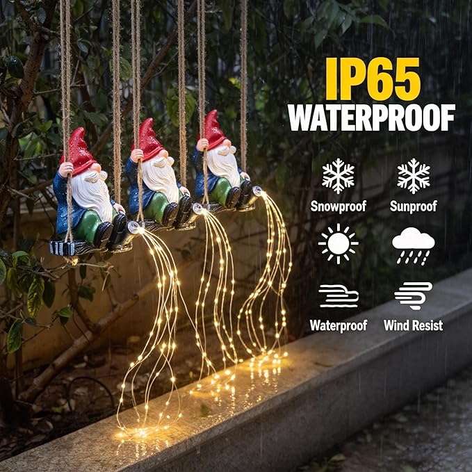 Hanging Garden Gnomes Statues Solar Watering Can Fairy Lights, 6.7''H Swings Gnome Cascading LED Decor for Yard Balcony Backyard Tree Outside, Housewarming Birthday Gifts for Woman Mom Grandma