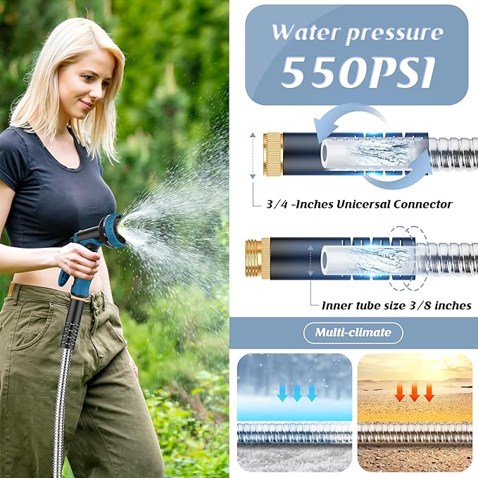 Garden Hose 100FT, Water Hose with 10 Function Nozzle, Garden Hose Metal with Leak-proof Connectors, No-Kink, Lightweight, Puncture-proof, Pet-proof, Sturdy, 550PSI, Hose for Outdoor, Yard