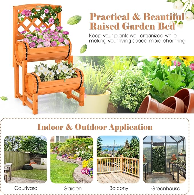 Giantex Raised Garden Bed with 2 Barrel Planters & Trellis, 2-Tier Freestanding Wooden Raised Bed for Vegetable Flower Fruit, Indoor Outdoor Plant Box for Garden Yard Balcony
